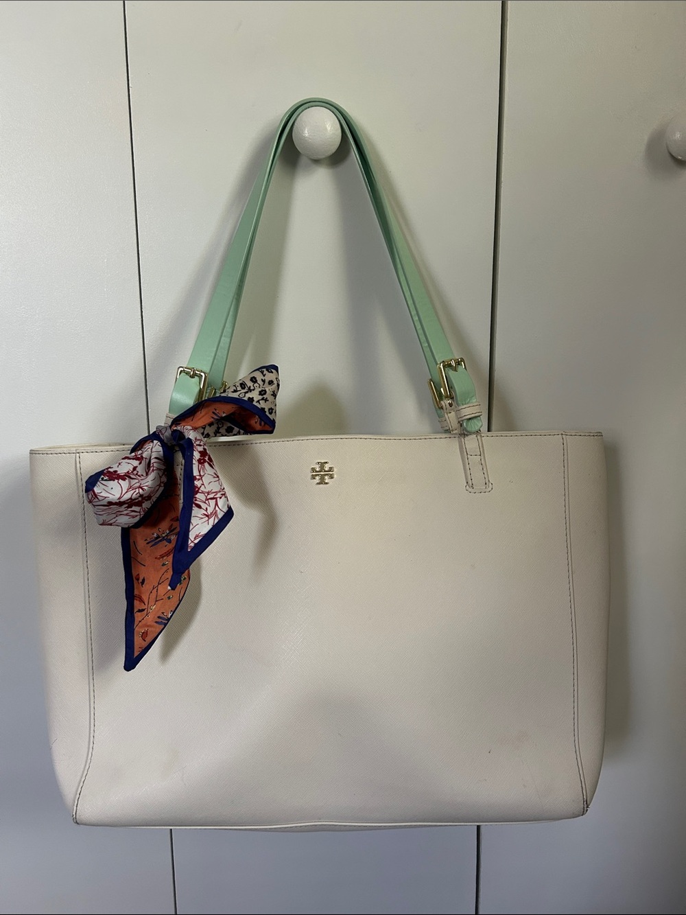 Tory Burch Cream Leather Tote with Mint Green Straps and Scarf Accent